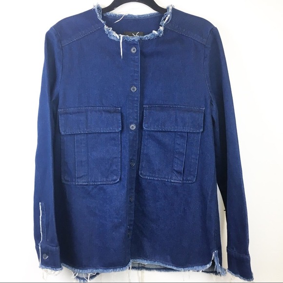 Zara Collarless Fringe Dark Denim Jean Jacket SZ M - Picture 2 of 7